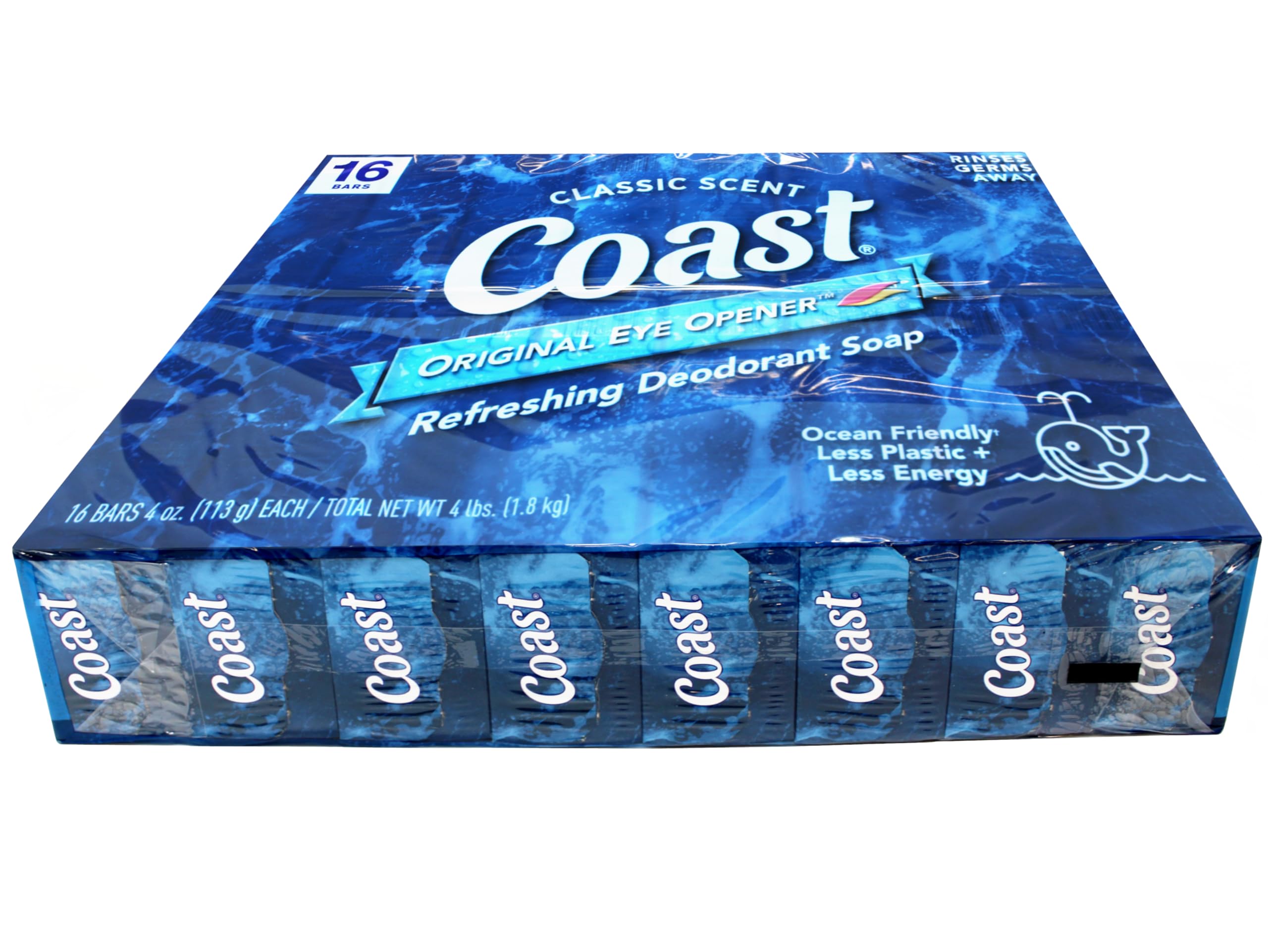 Coast label and wrapped bar indicating product details and fresh scent