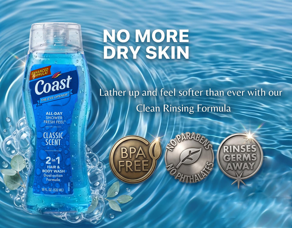 Coast on shower shelf in lifestyle scene showing daily-use freshness benefit
