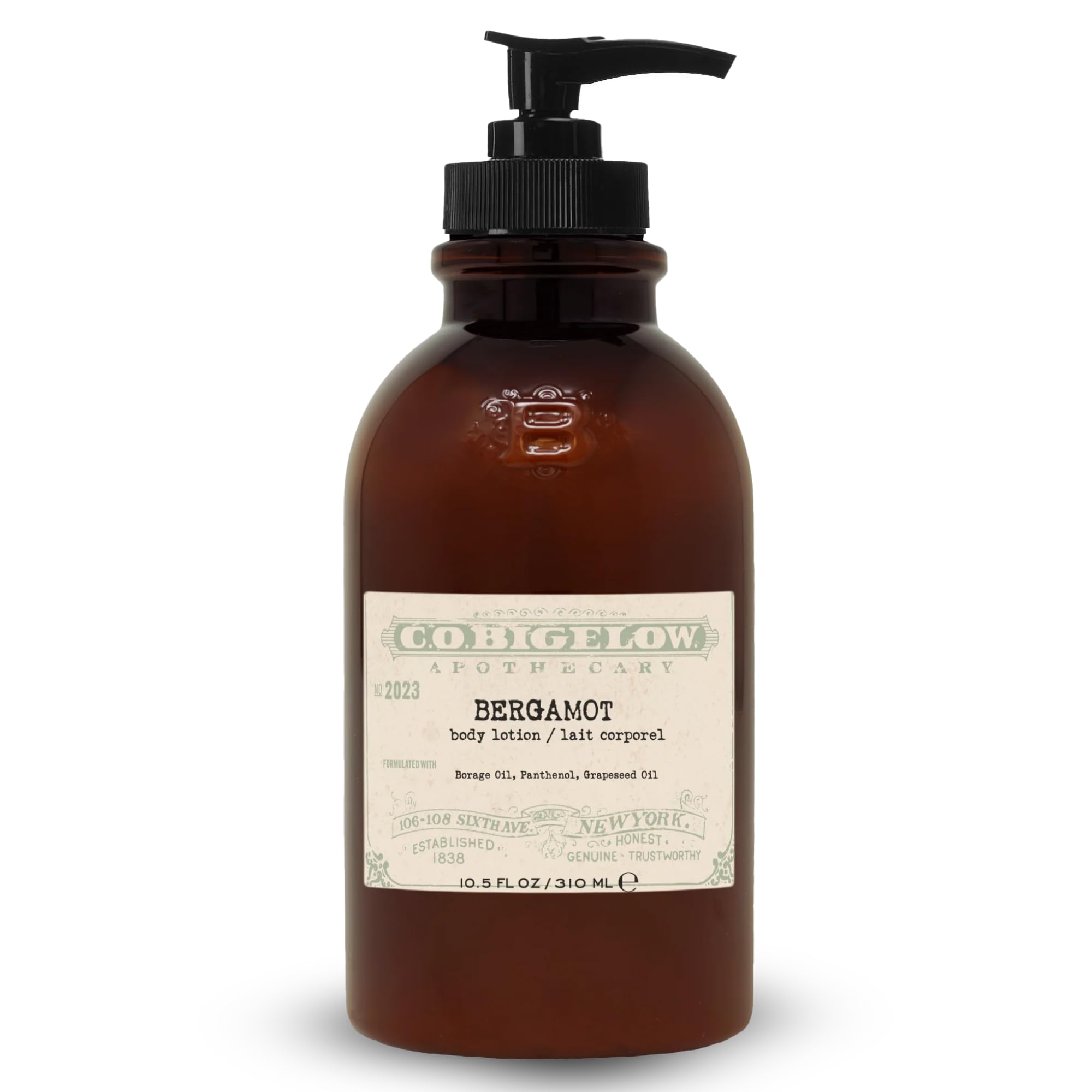 C. O. Bigelow front bottle view showing bergamot lotion and clean design benefits quick identification