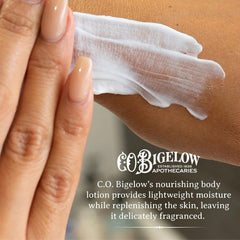 C. O. Bigelow lotion texture close-up demonstrating lightweight, fast-absorbing formula