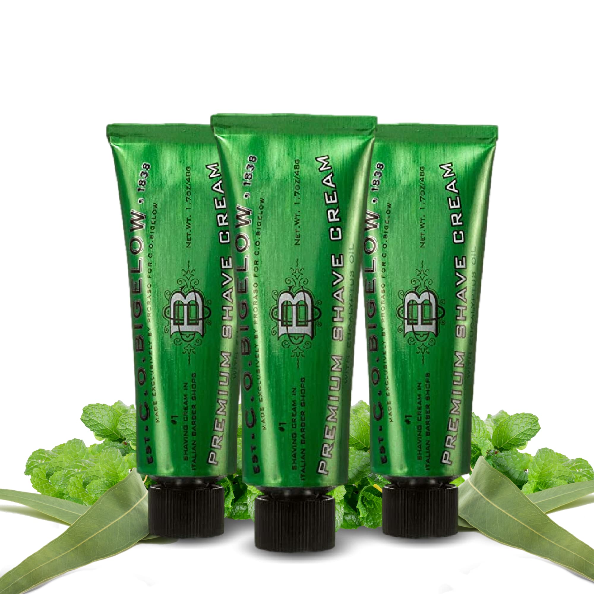 C. O. Bigelow front packaging showing three travel shaving cream tubes for easy packing