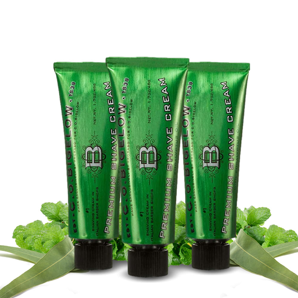 C. O. Bigelow front packaging showing three travel shaving cream tubes for easy packing