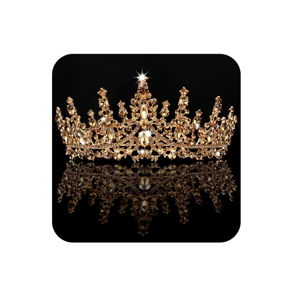 COCIDE front view gold tiara showing regal sparkle and wearable design