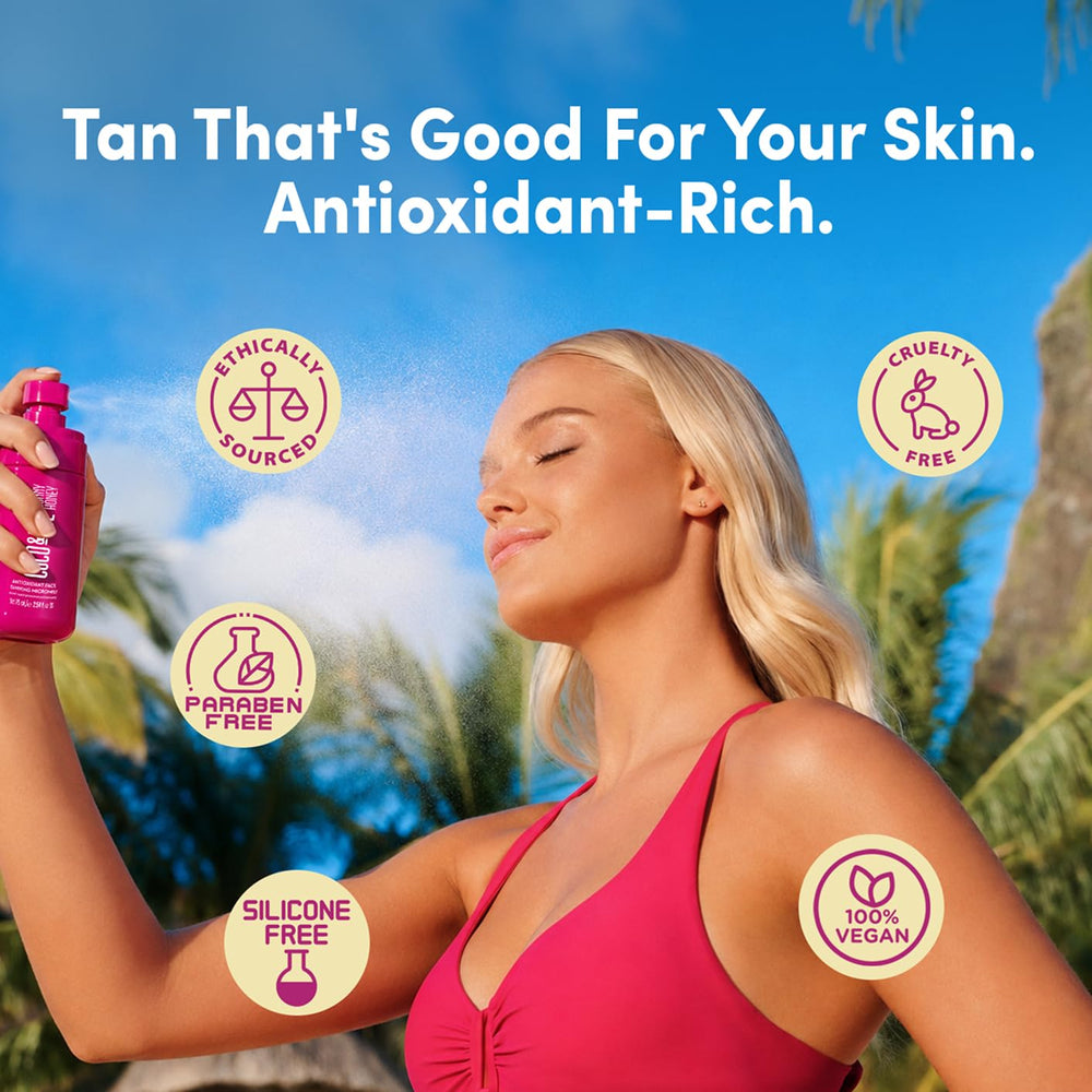 Coco & Eve model applying micromist for quick, easy tanning