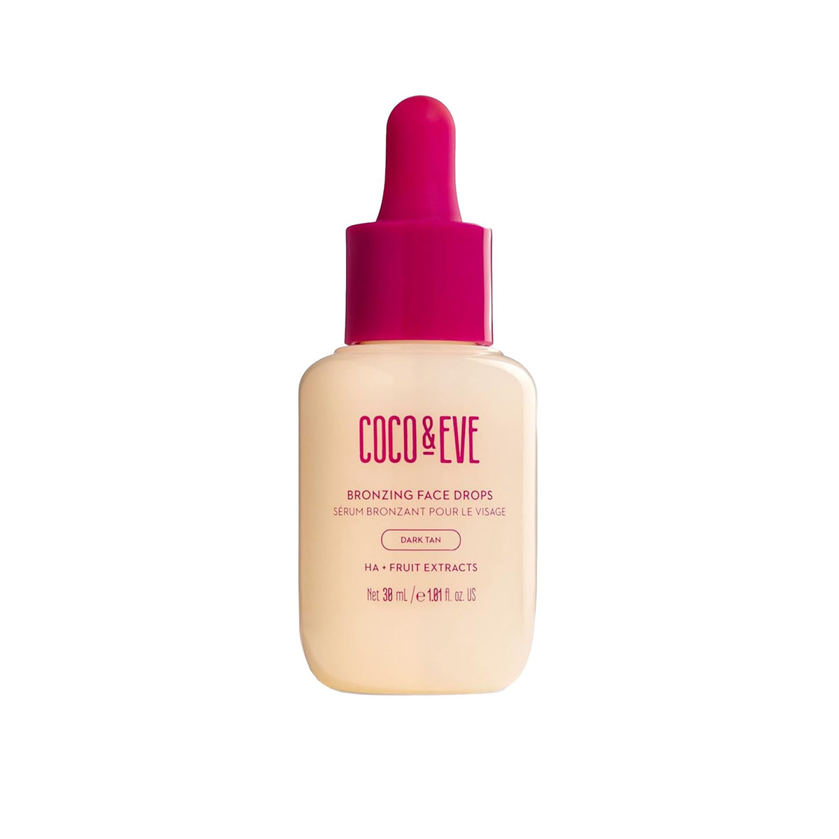 Coco & Eve front bottle shot showing dark bronzing drops and compact packaging benefit