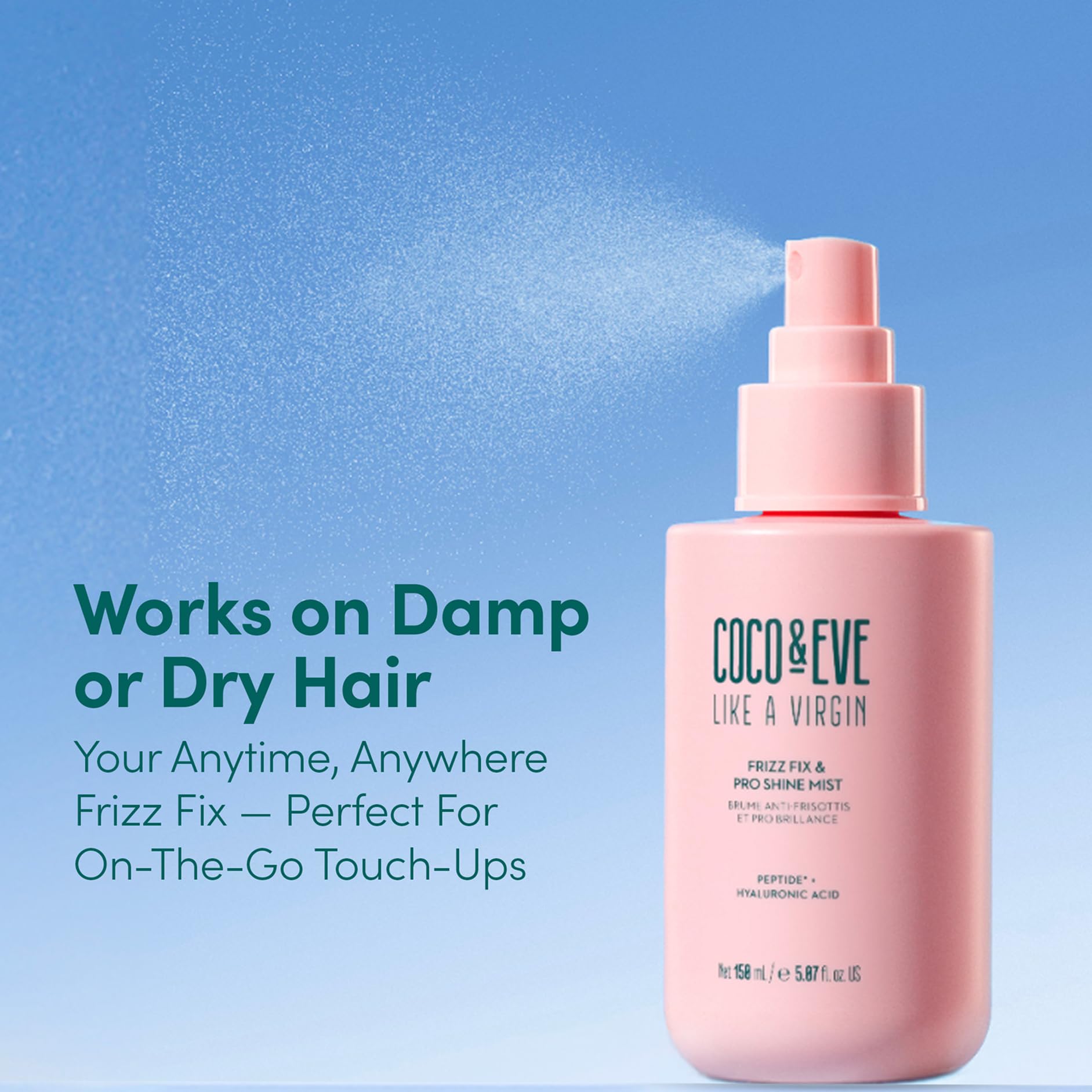 Coco & Eve mist applied to styled hair demonstrating smooth, frizz-free result