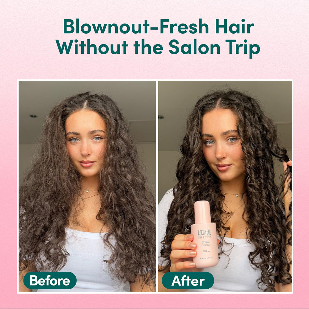 Coco & Eve mist on hair reflecting light for instant glossy finish benefit