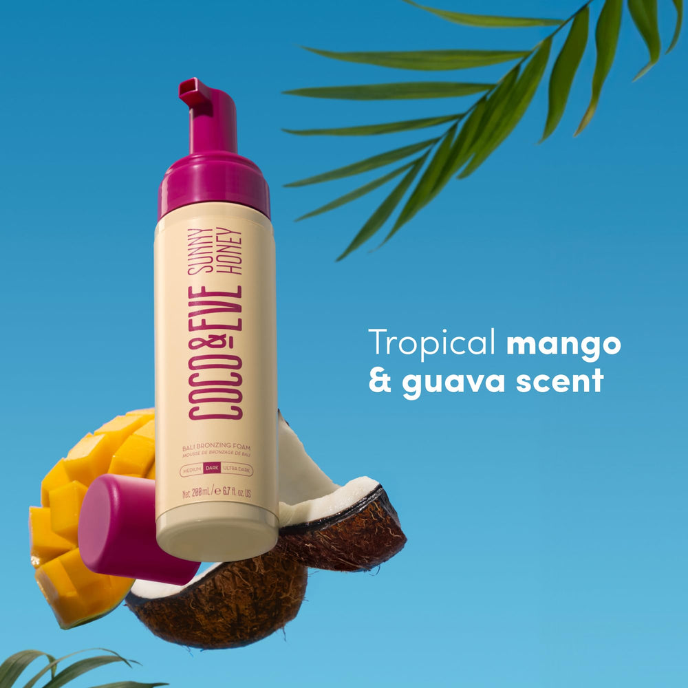 Lifestyle beach bag with Coco & Eve mousse suggesting vacation-ready glow