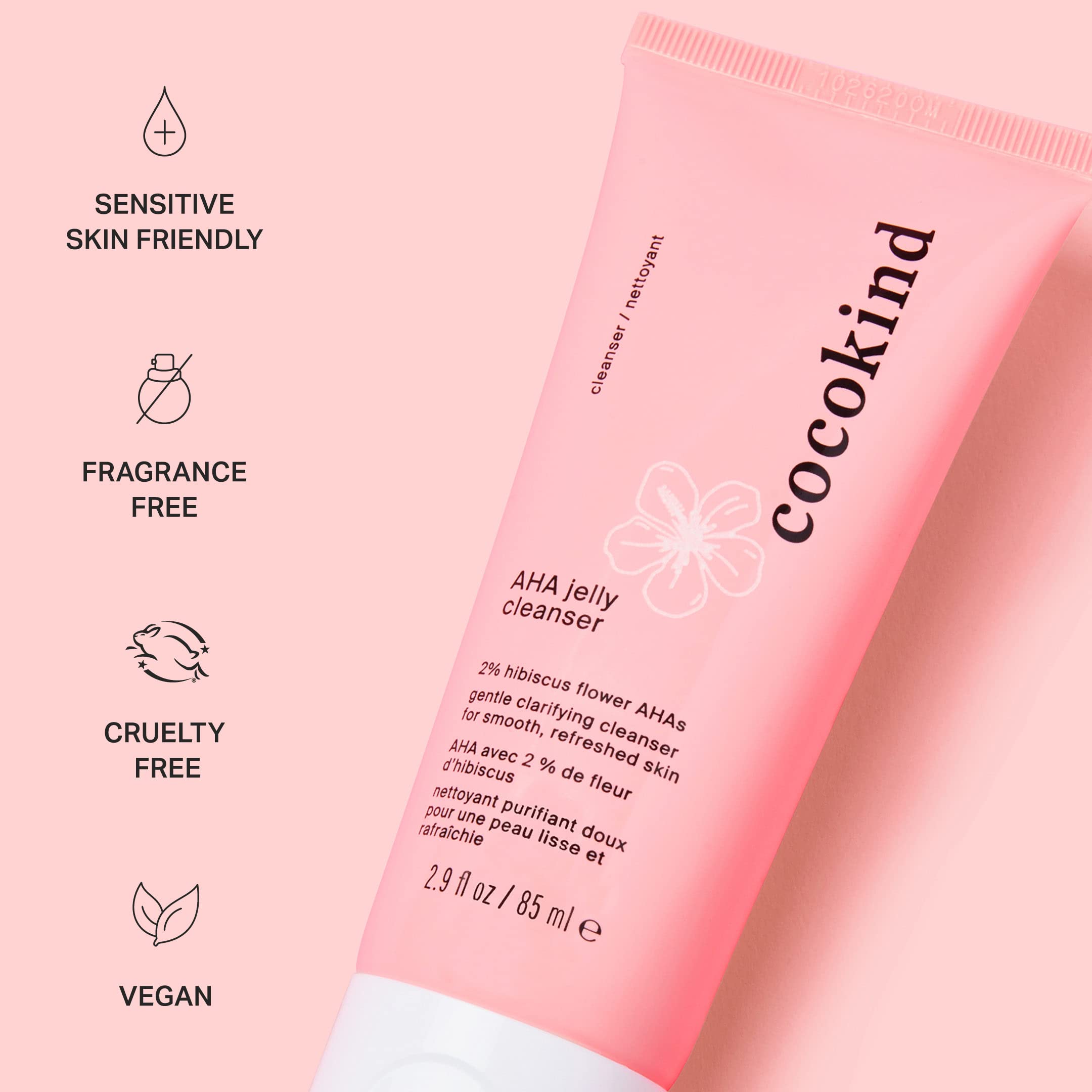 Cocokind ingredient panel close-up listing hibiscus and hyaluronic benefits