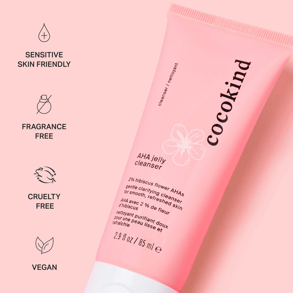 Cocokind ingredient panel close-up listing hibiscus and hyaluronic benefits