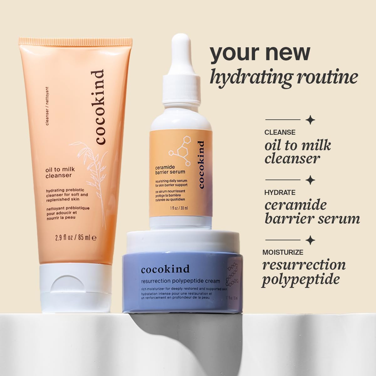 Cocokind bottle beside towel showing 2 fl oz scale and value benefit