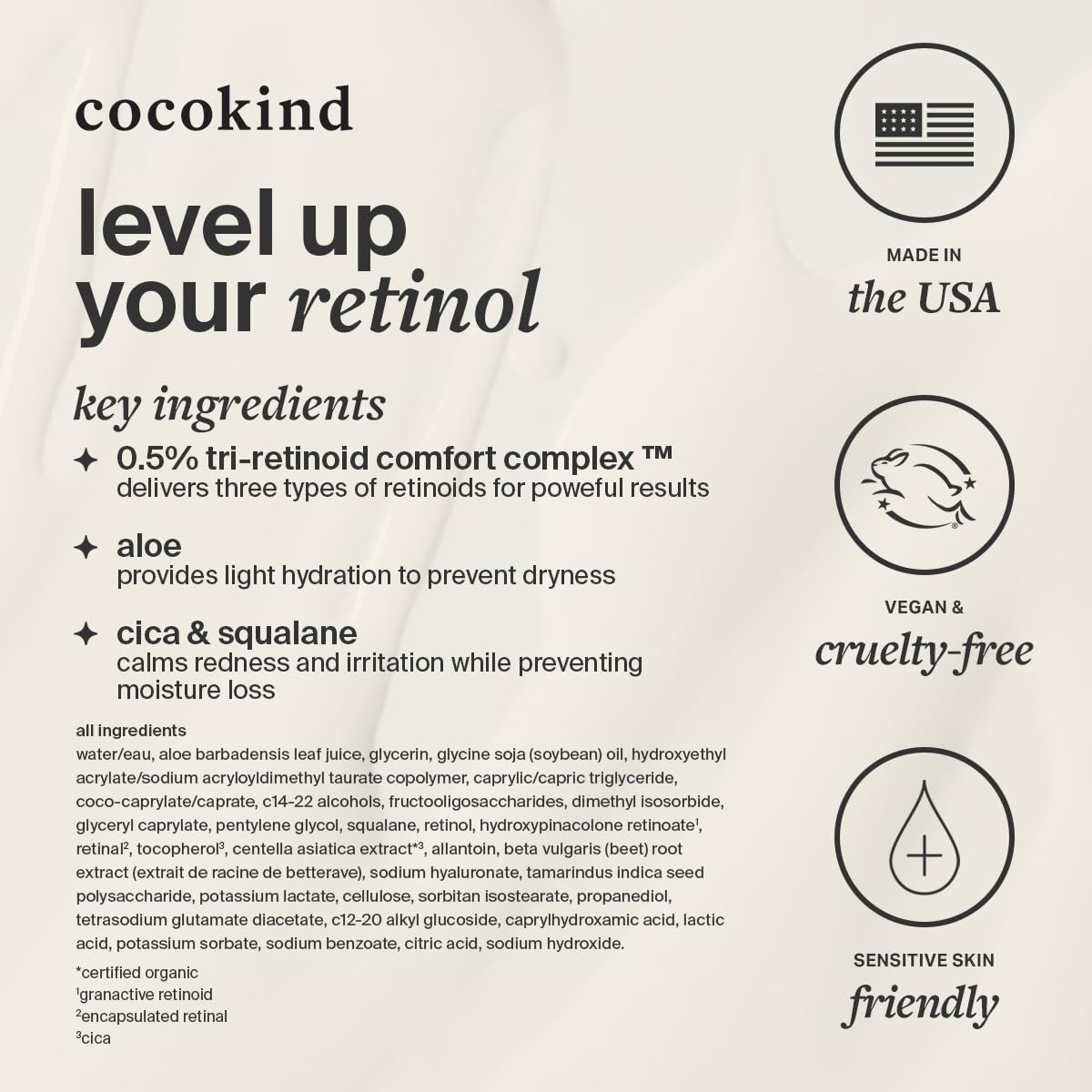 Cocokind retinol gel before and after visual suggesting improved texture and fine lines