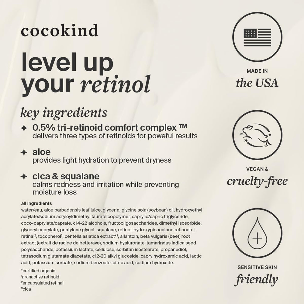 Cocokind retinol gel before and after visual suggesting improved texture and fine lines