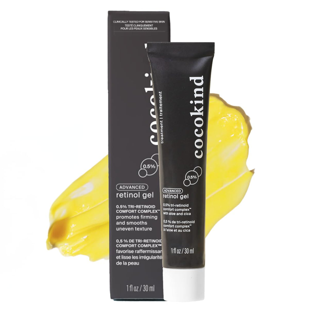 Cocokind retinol gel front packaging showing bottle and branding benefits