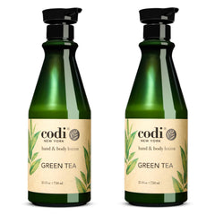 Codi green tea lotion front pump bottle showing label and easy dispensing benefit