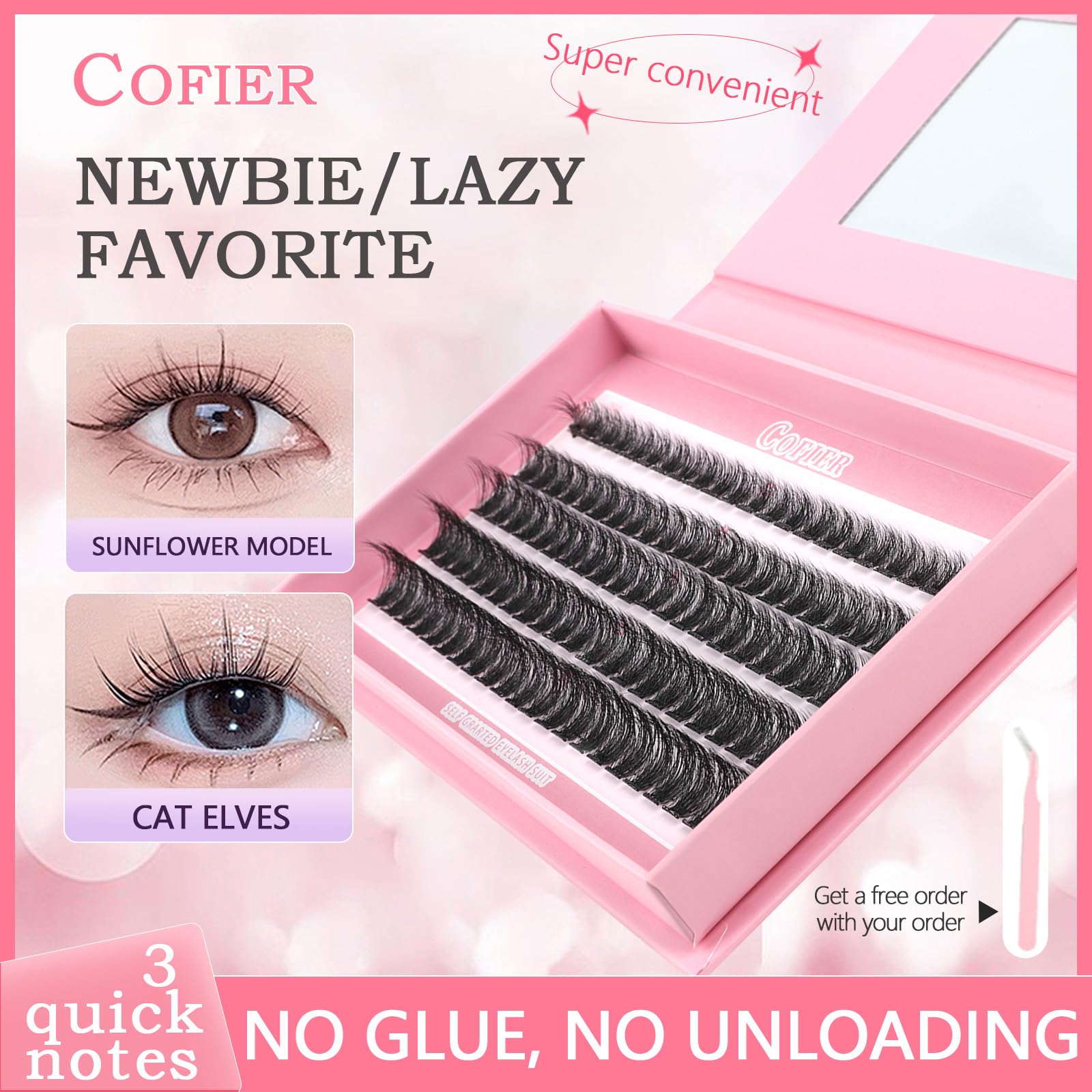 CoFier layout of tweezers curler and cotton swabs for easy application