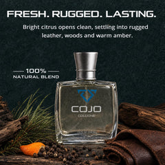 COJO bottle on wood texture highlighting warm woody notes benefit: authentic character