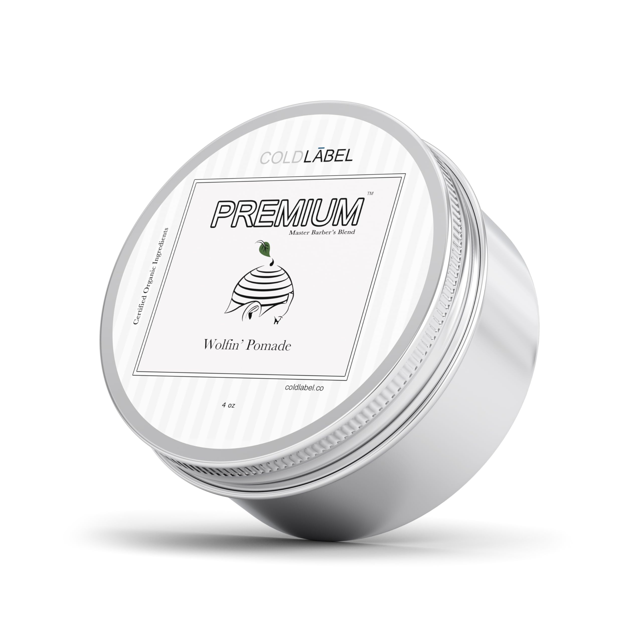 COLDLABEL Wolfin Pomade tin front showing clean label and strong hold benefit