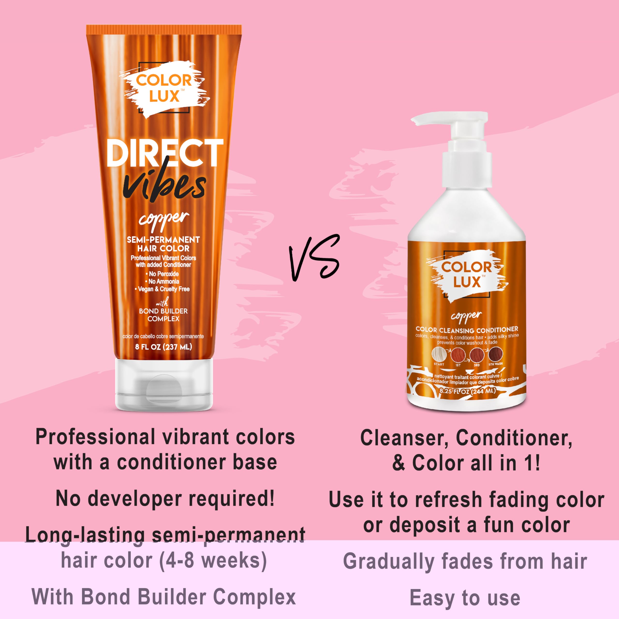 Model styled with Color Lux copper hair showing glossy, warm finish