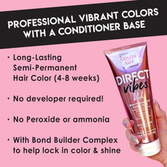 Before and after hair swatch using Color Lux purple showing vibrant color payoff and contrast