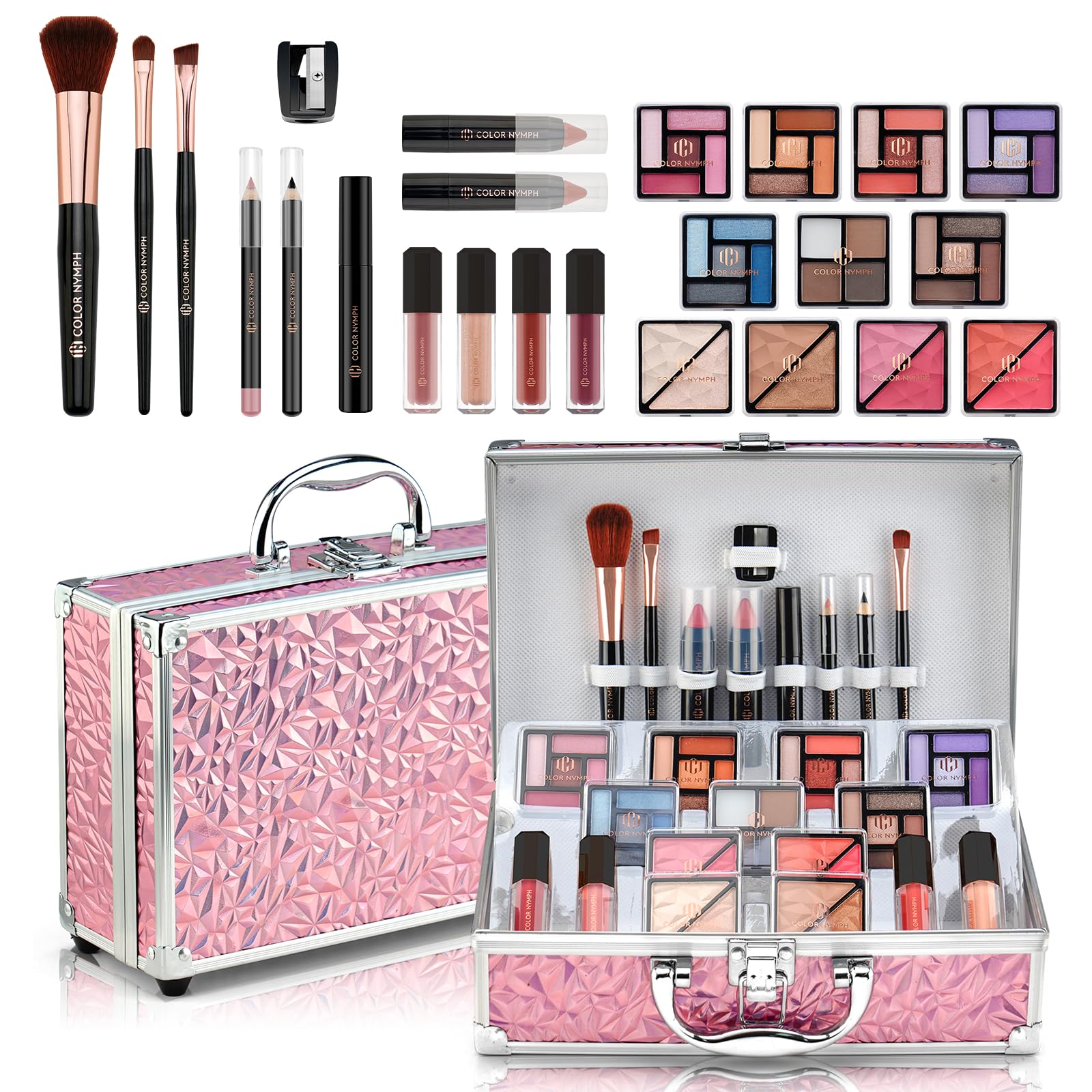 Color Nymph pink train case front view showing compact storage benefit