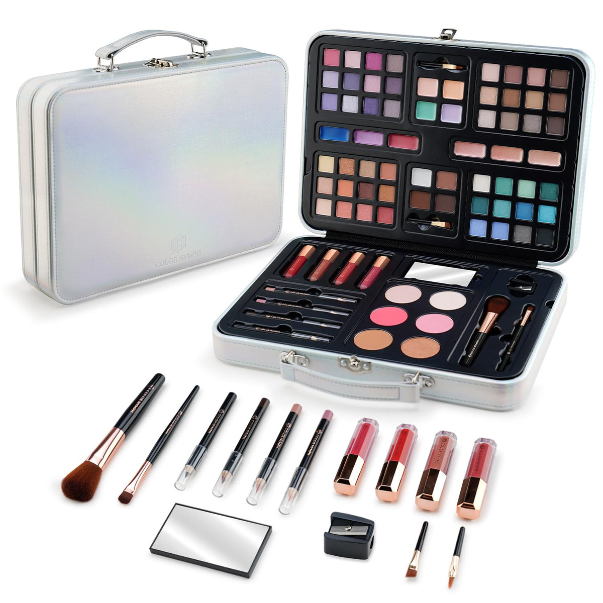 Color Nymph silver case front view showing neat storage and portability