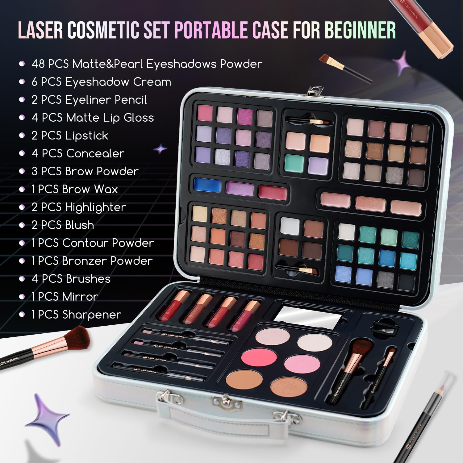 Color Nymph open palette displaying 54 vibrant eyeshadow shades
