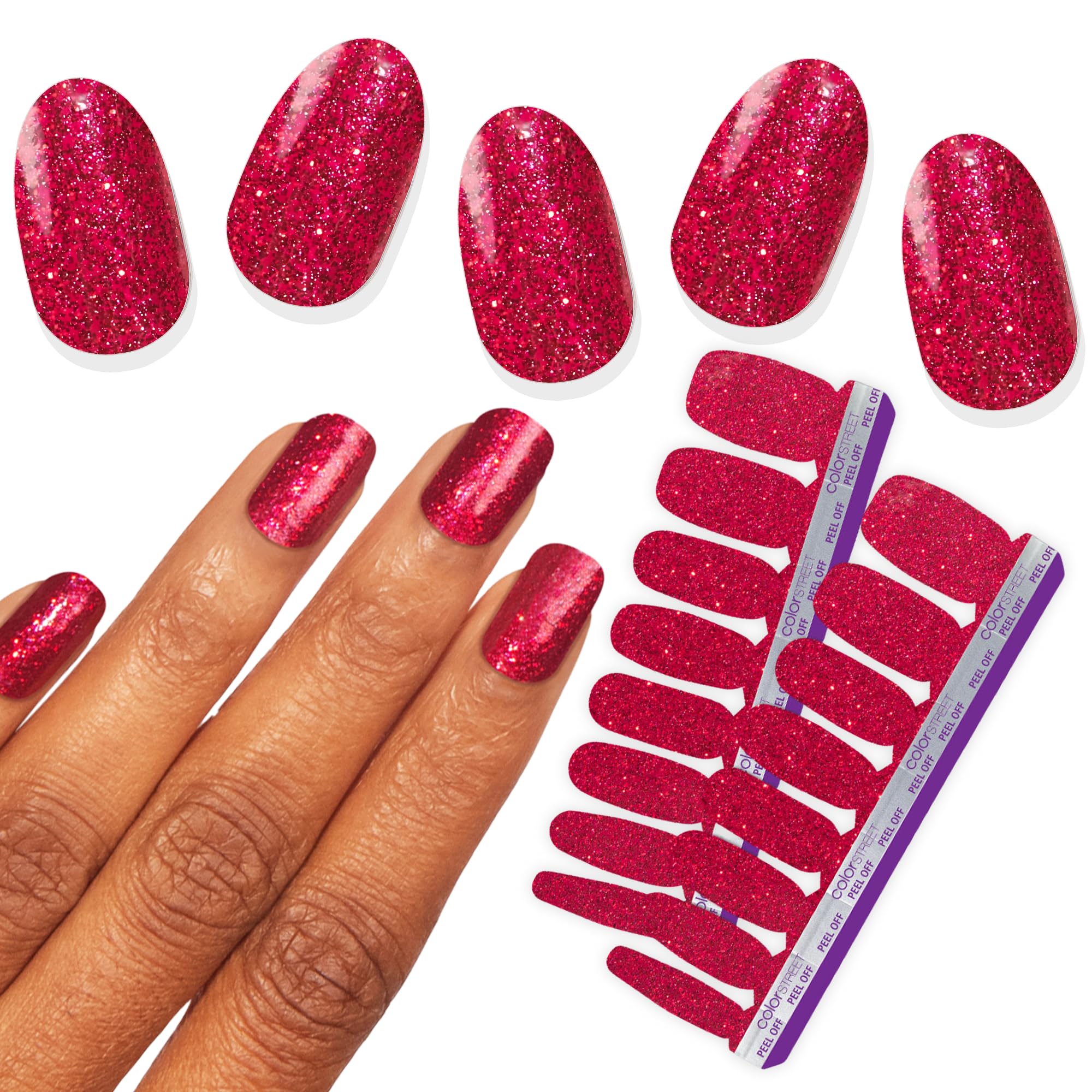 Color Street front packaging showing cherry-red glitter strips and quick application benefit