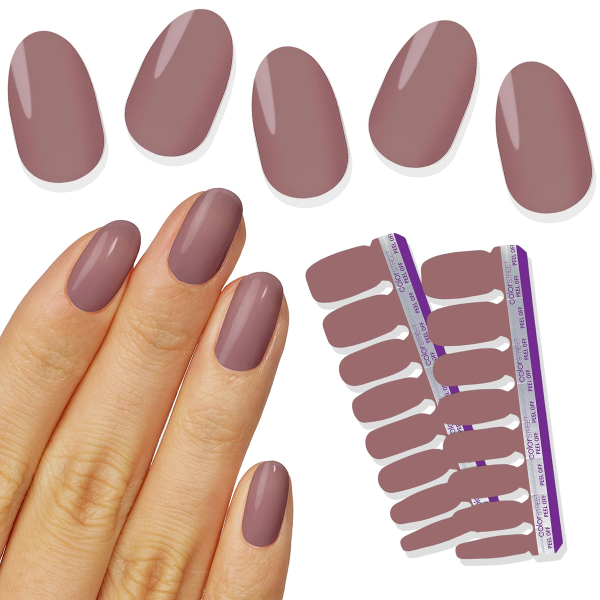 Color Street front packaging showing sheer deep mauve strips and benefits