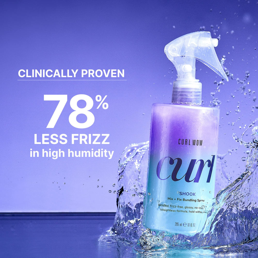 COLOR WOW spray mist being applied to damp curls for even distribution and frizz control