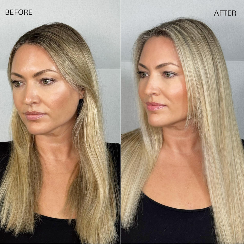 COLOR WOW before-and-after showing no white residue and natural-looking hair