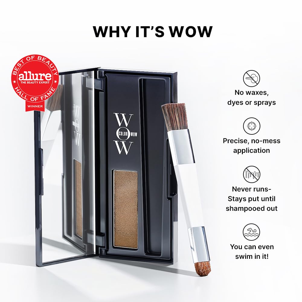 COLOR WOW compact in hand for scale, showing travel-friendly touch-up convenience