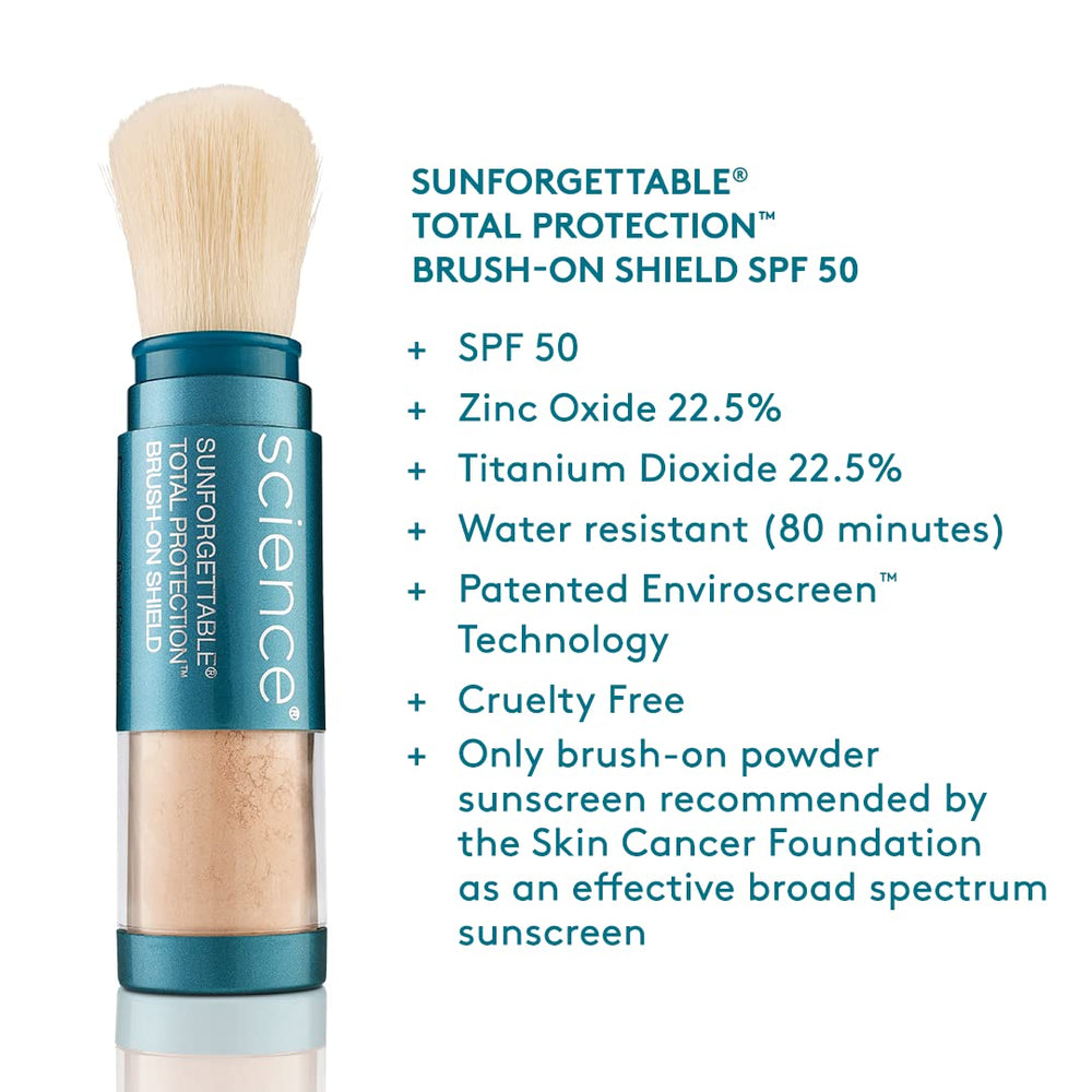 Colorescience brush-on shield opened with applicator brush for easy reapplication