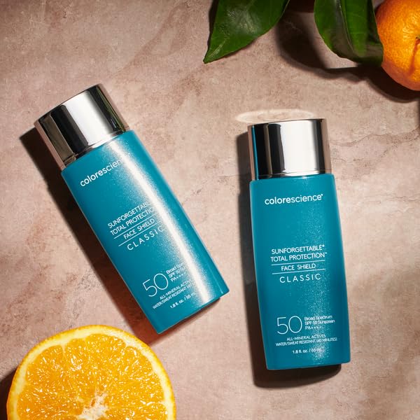 Colorescience Face Shield water droplets on skin to show 40-minute water resistance benefit