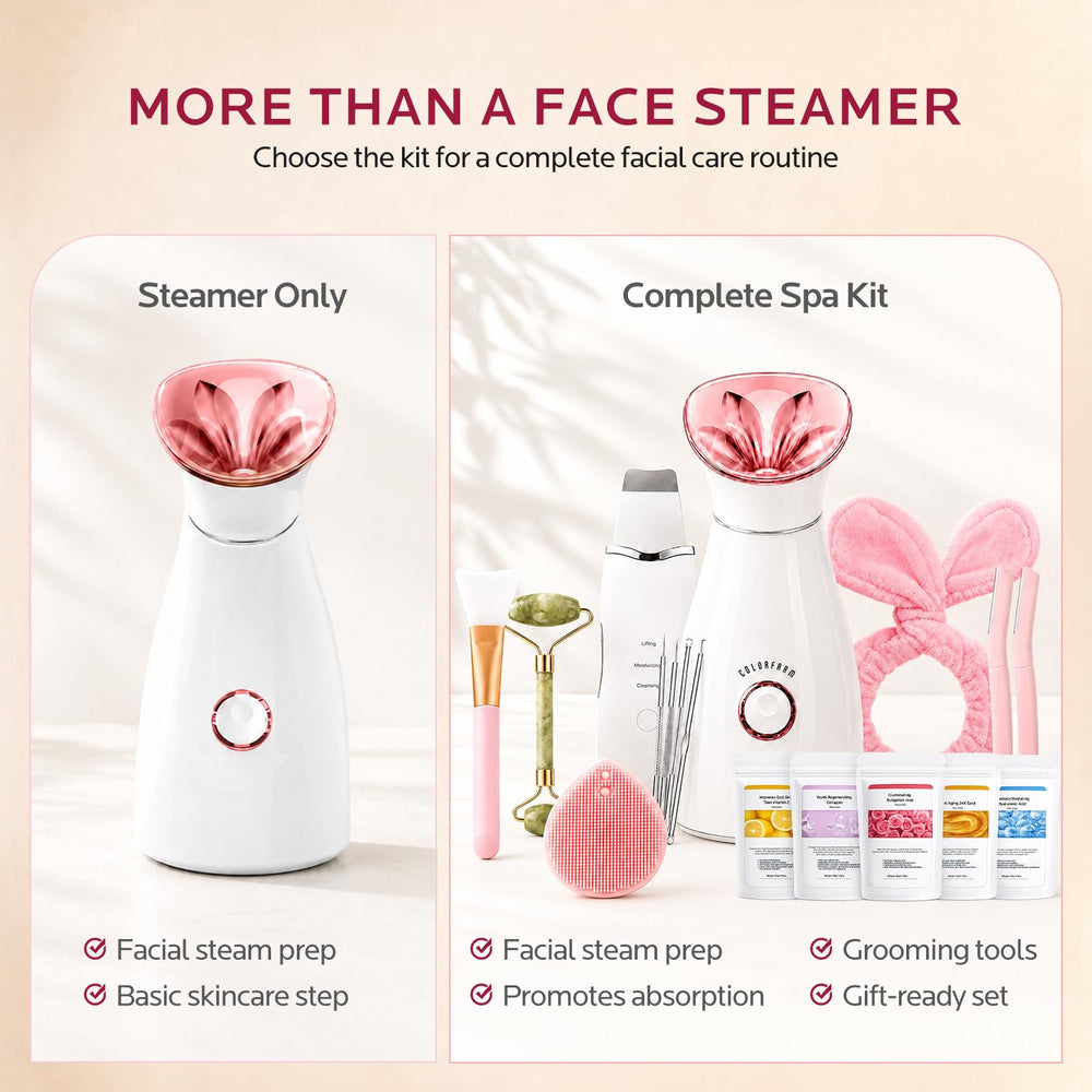 colorfarm steamer in use in bathroom offering hands-free hydration and prep for treatments