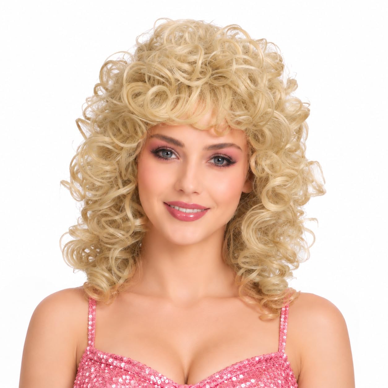 ColorGround front view blonde 80s rocker wig showing full curls and volume benefit