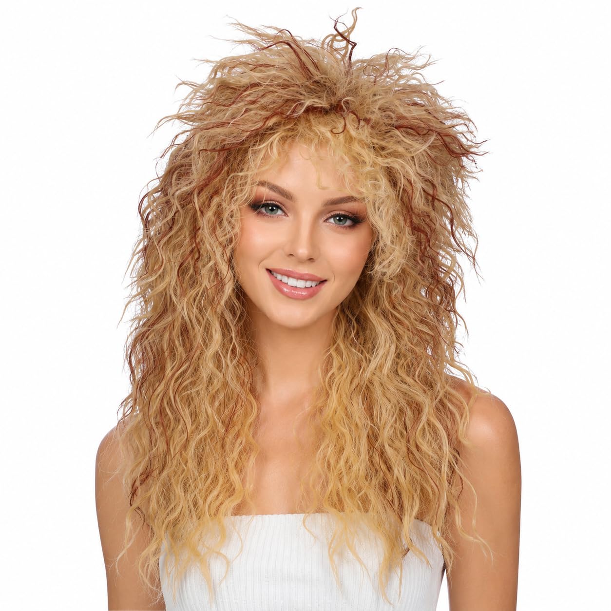 ColorGround front view of long curly wig showing vibrant blonde and reddish brown tones, dramatic style