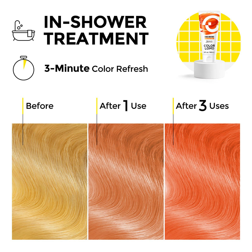 COLORLOMO before and after on medium brown hair showing warm orange tone