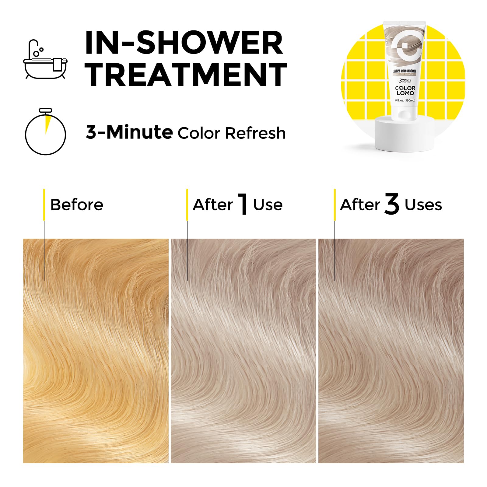 COLORLOMO on bleached hair showing cool ash-brown toning benefit