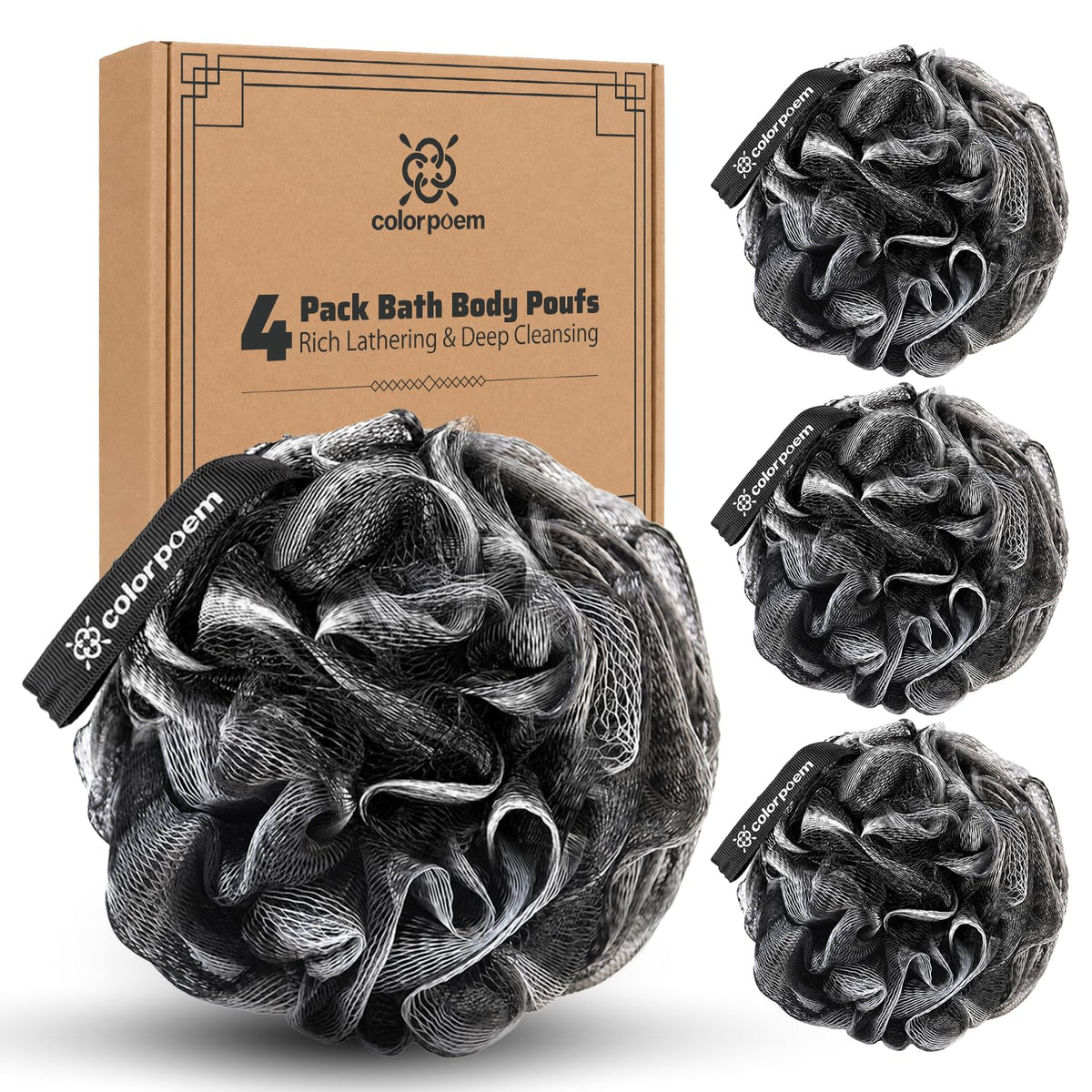 COLORPOEM front view of XXL black loofah showing size and coverage benefit
