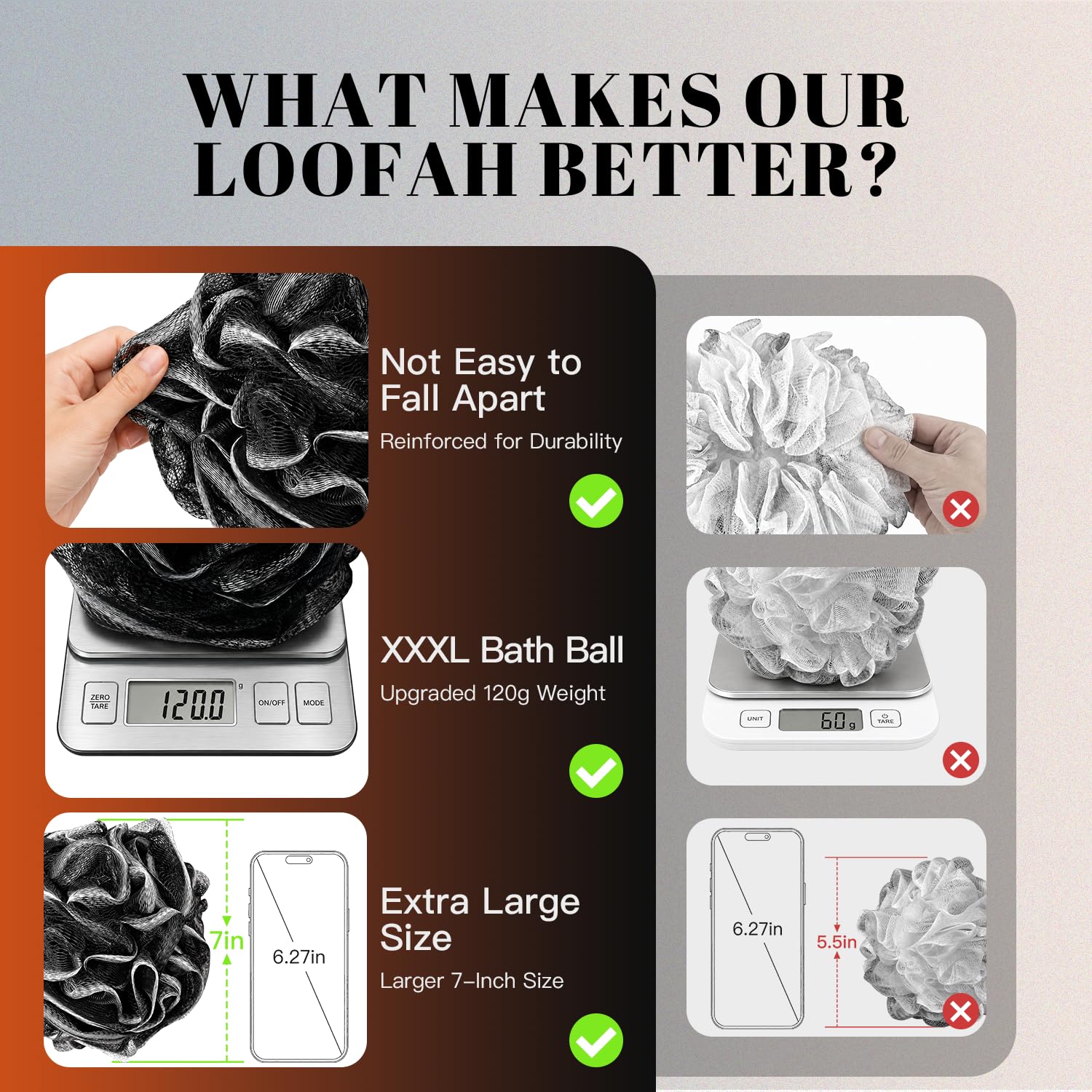 COLORPOEM loofah held in hand showing scale and better coverage benefit