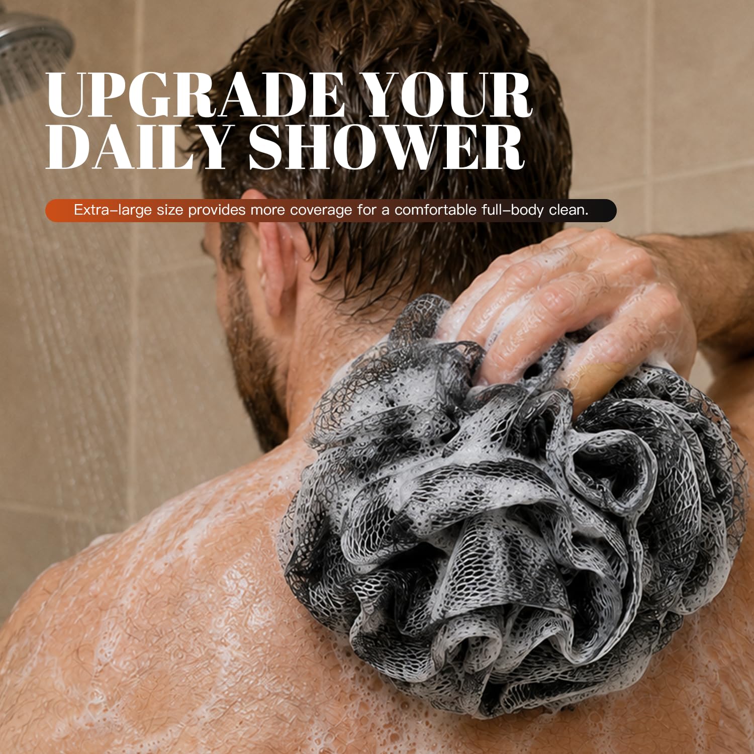 COLORPOEM loofah placed in modern bathroom showing elevated shower routine benefit