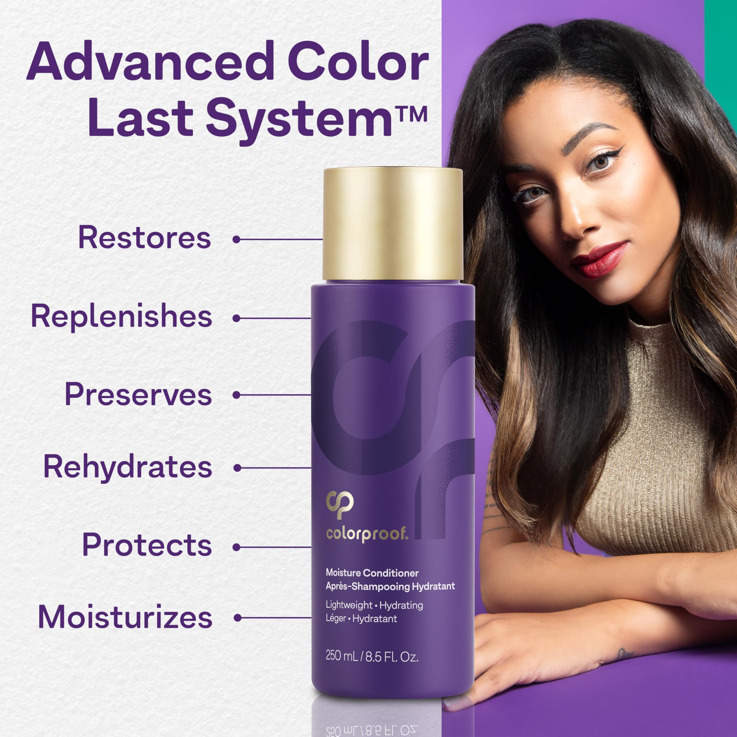 Before and after hair using ColorProof showing smoother, shinier color-treated hair