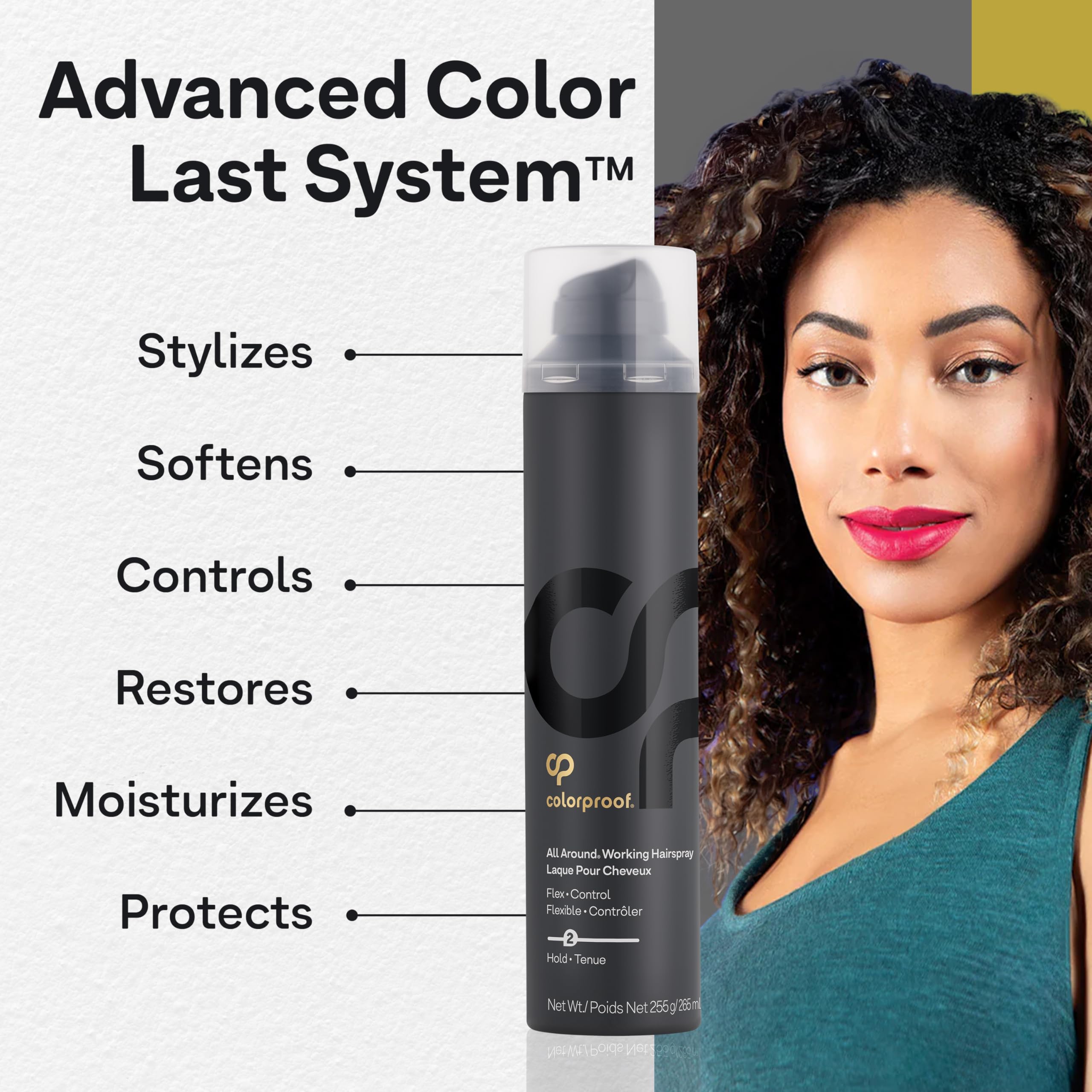 ColorProof styling demo showing longer-lasting curls benefit