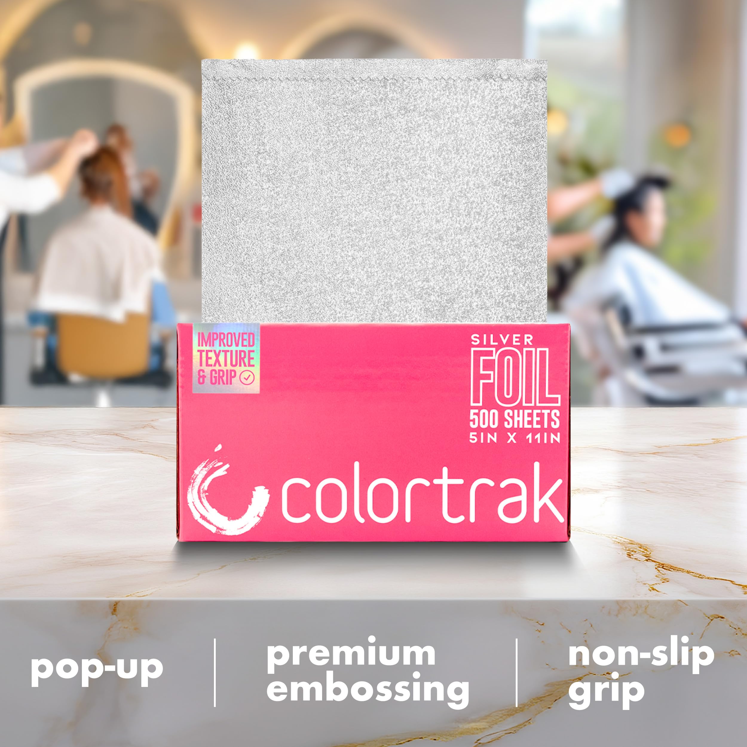Colortrak dispenser placed on salon counter saving space and keeping foils within reach
