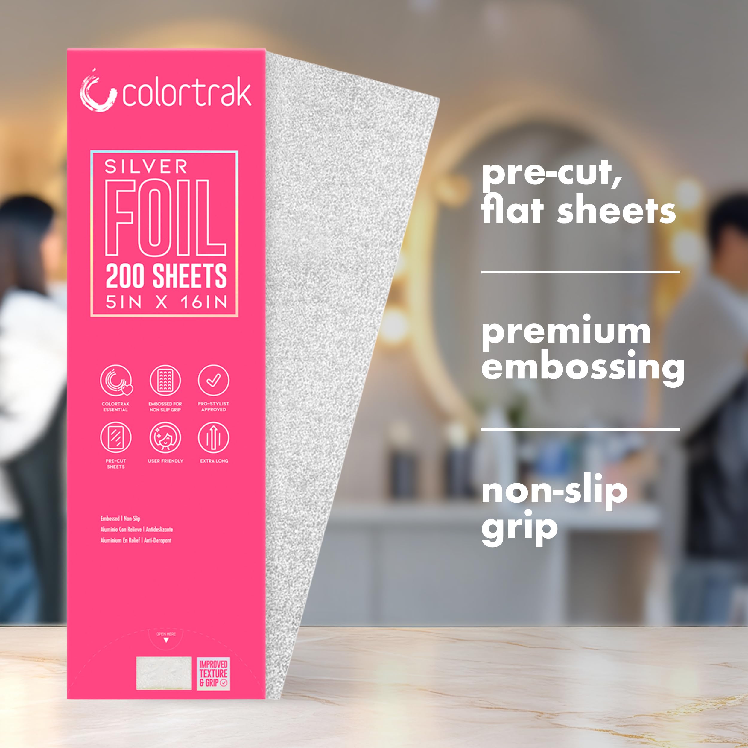 Colortrak box label highlighting 100 sheets to keep salon stocked