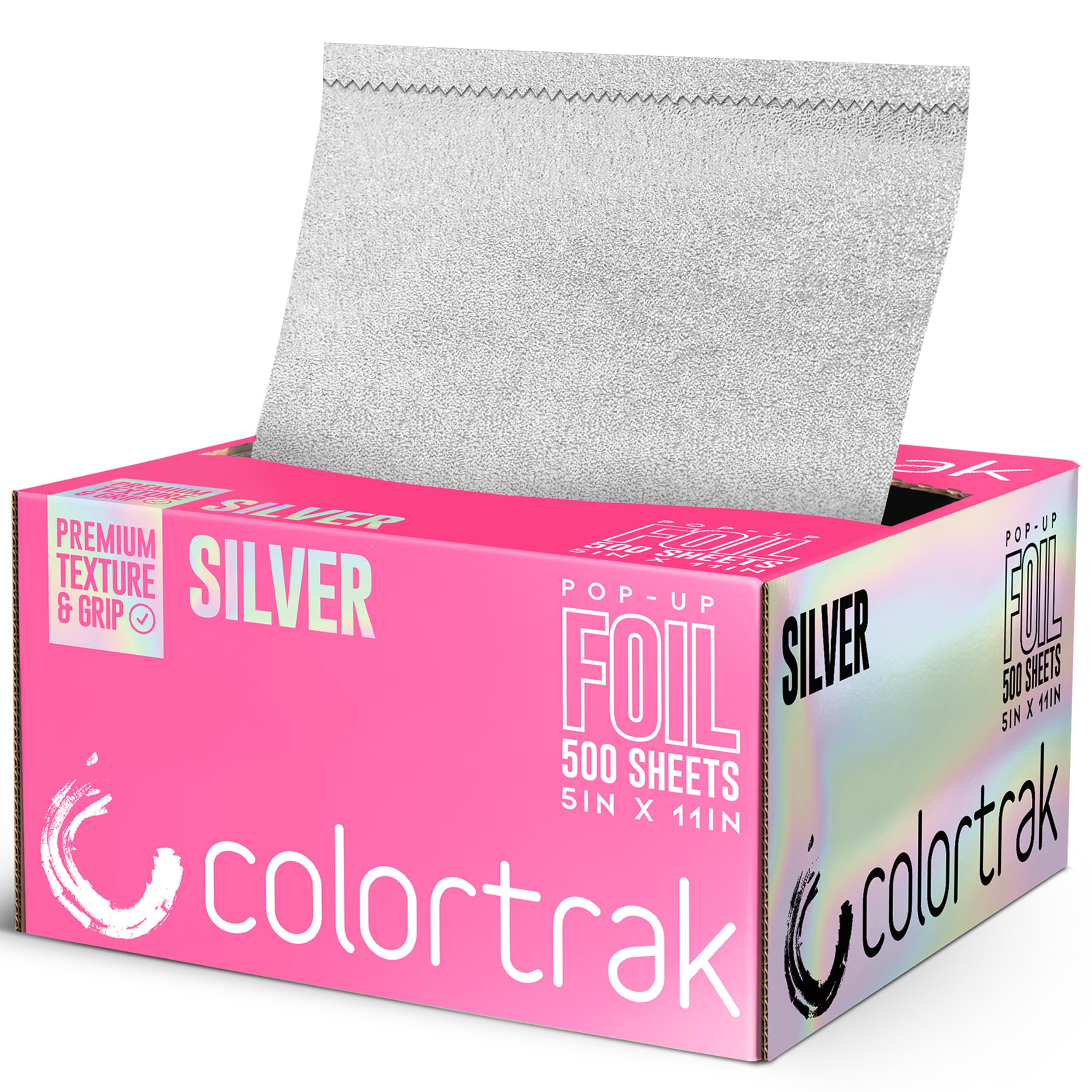 Colortrak front of box showing 500 pre-cut foil sheets and branding for organized storage