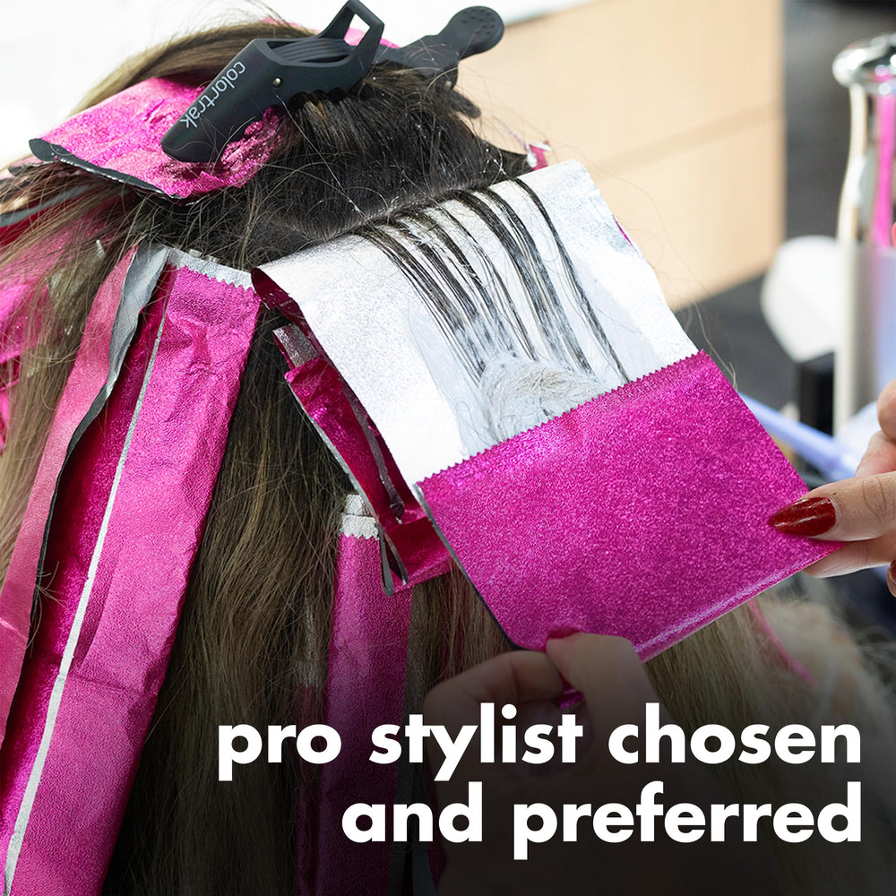 Colortrak Smooch foil in stylist’s hands during highlighting showing faster service