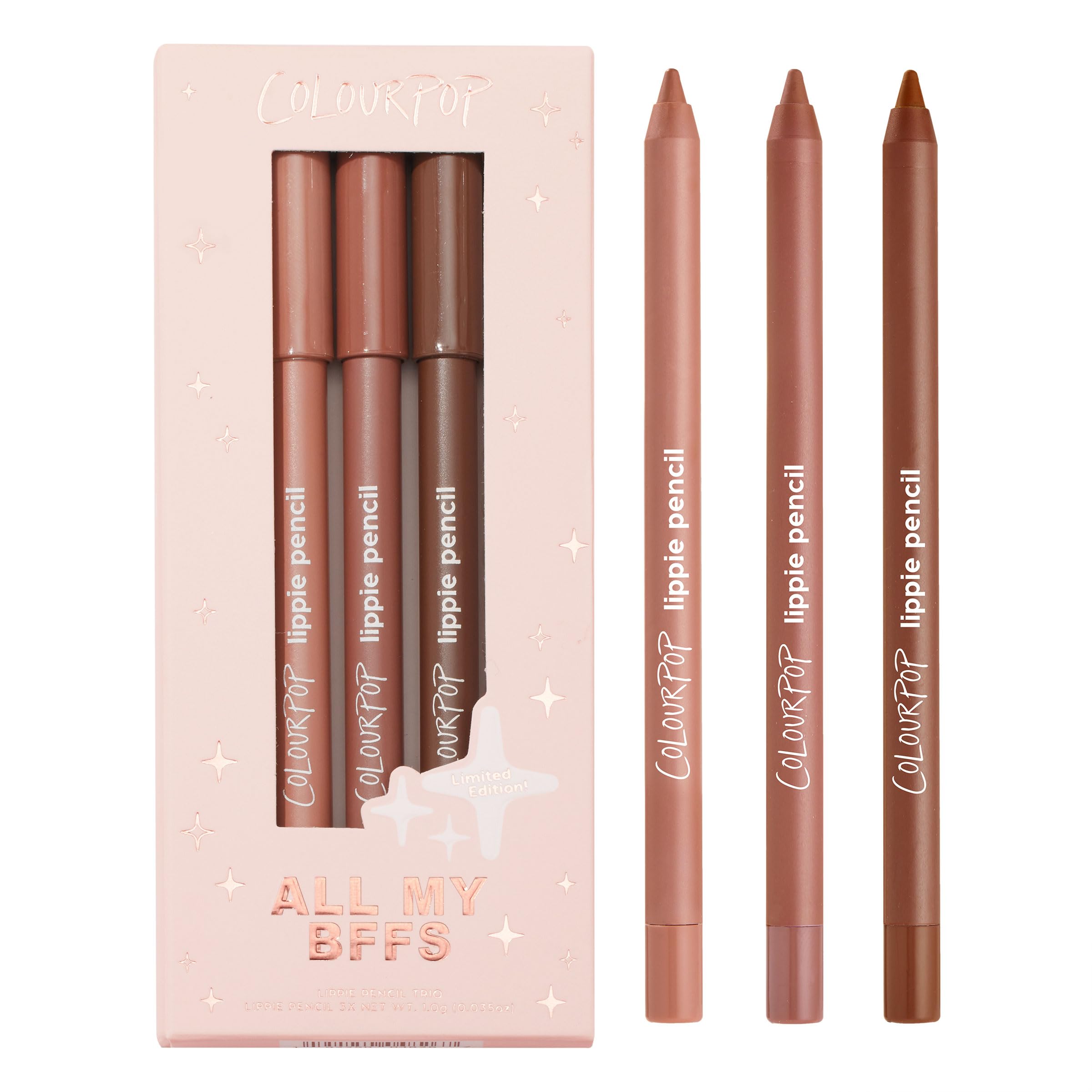 ColourPop front packaging showing three nude lippie pencils for travel-ready definition