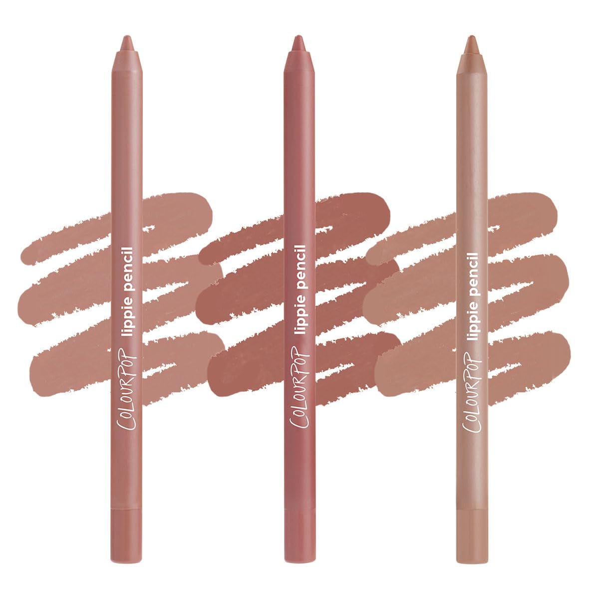 ColourPop front packaging showing three cool-tone lip pencils and shade labels for easy selection